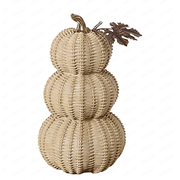10 Inch Artificial Fake Pumpkin, Fall Pumpkin Decor Faux Resin Basket-Weave Stacked Pumpkin with Metal Leaves, Centerpiece for Harvest Halloween Home Porch Pumpkin Decor (Beige)