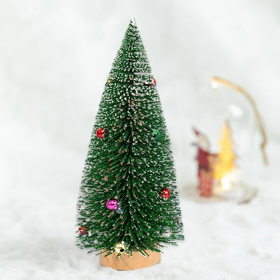 10 Inch Artificial Frosted Mini Sisal Christmas Trees, Bottle Brush Trees with Wood Bases and Balls Ornaments, Small Tabletop Christmas Trees for Xmas Holiday Party Home Decor