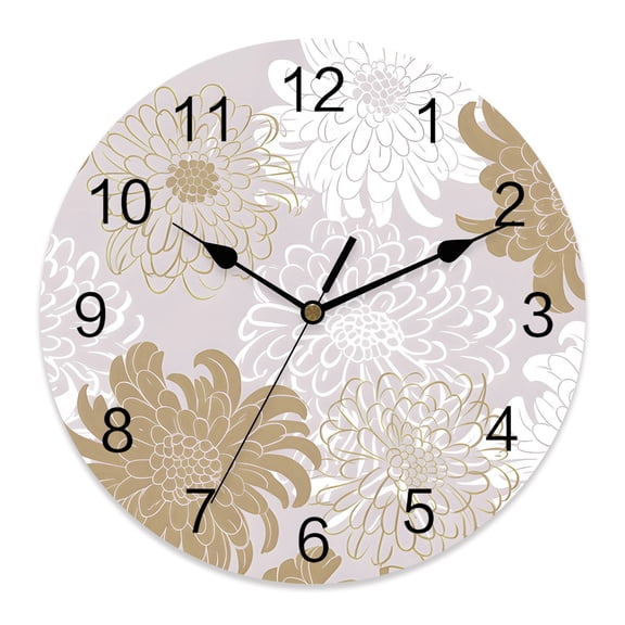 10 Inch Autumn Floral Wall Clock, Cottagecore Gold White Outline Flower Battery Operated Silent Non Ticking Clocks, Easy to Read Round Wall Clock for Kitchen/Living Room/Bedroom/Bathroom