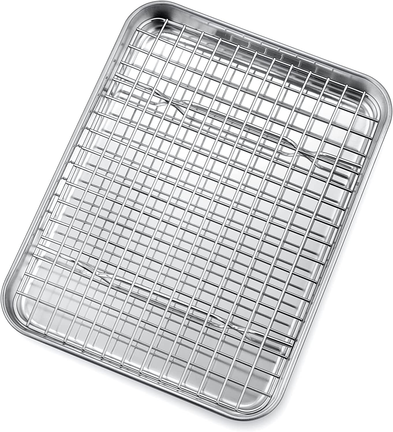 10 inch Baking Pan with Rack Set of 2, Stainless Steel Small Toaster Oven Tray Pans with Cooling Racks, Non-Toxic & Heavy Duty, Extra Thick & Rolled