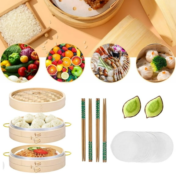 10-Inch Bamboo Steamer Basket Set, Complete Dim Sum & Dumpling Steamer with Accessories