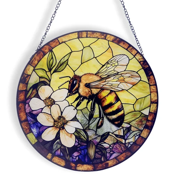 10 Inch Bee Flowers Stained Glass Sun Catchers, Window Hanging Decor for Home Garden Door