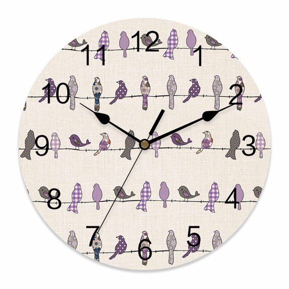 10 Inch Birds on the Wire Purple Grey Burlap Background Wall Clock, Battery Operated Silent Non Ticking Clocks, Easy to Read Round Wall Clock for Kitchen/Living Room/Bedroom/Bathroom