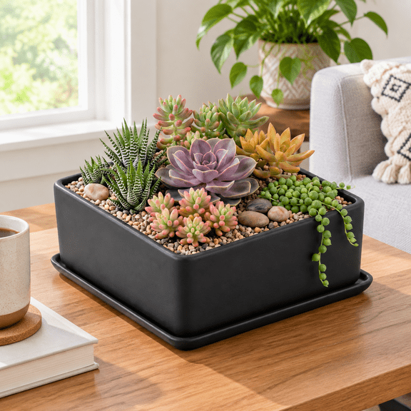 10 Inch Black Ceramic Square Indoor Planter Pot with Drainhole and Removable Drip Tray