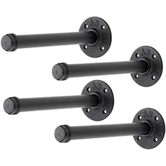 10 Inch Black Industrial Pipe Floating Clothing Rack, Wall-Mounted Heavy-Duty Garment Rack, 4 Pack