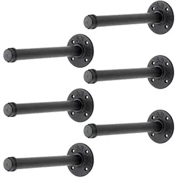 10 Inch Black Industrial Pipe Floating Clothing Rack, Wall-Mounted Heavy-Duty Garment Rack, 6 Pack