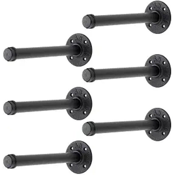 10 Inch Black Industrial Pipe Floating Clothing Rack Wall Mounted Heavy Duty Garment Rack 6 Pack