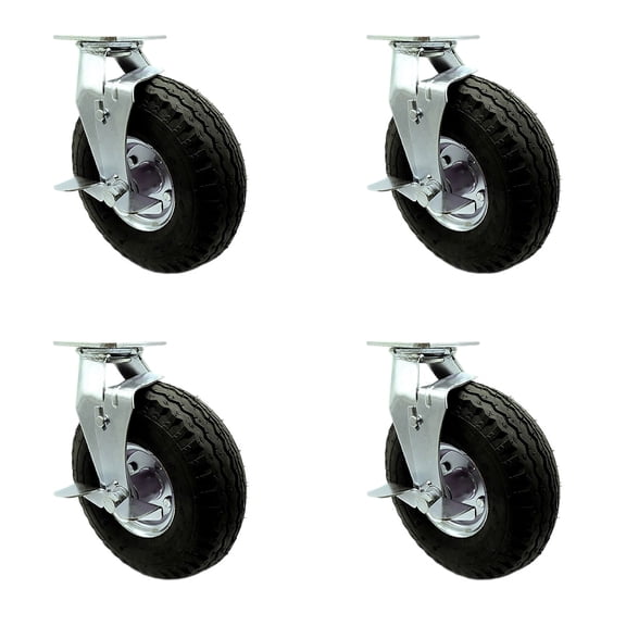 10 Inch Black Pneumatic Wheel Caster Set 4 Swivel with Brakes 2 with Swivel Lock