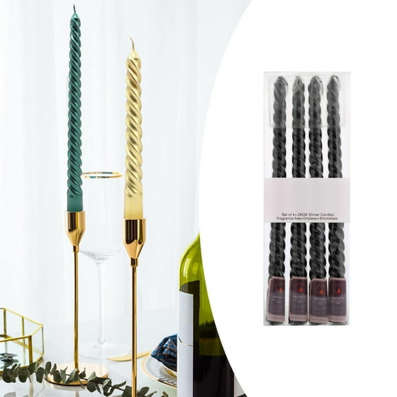10 Inch Black Spiral Taper Candles Set for Christmas, 4 Pack Unscented Twisted Candlesticks, Dripelss Thin Tapered Candles for Holiday Party Decoration