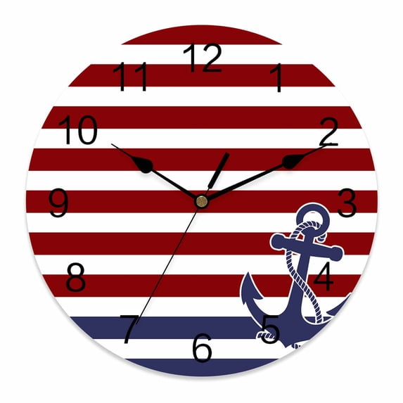 10 Inch Blue Anchor Wall Clock, Costal Red White Blue Stripes ...