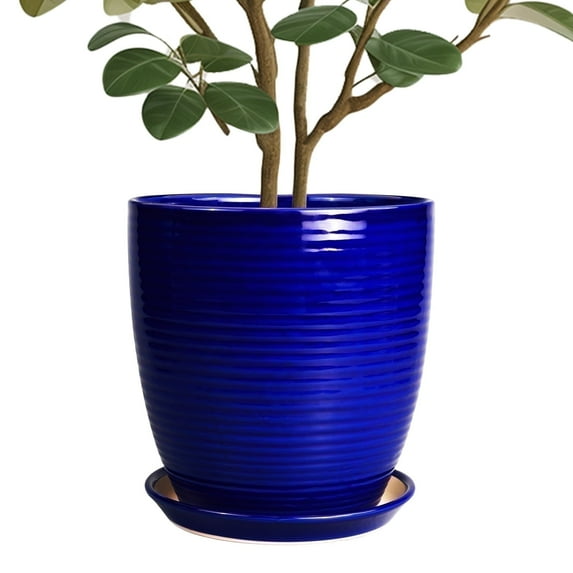 10 Inch Large Ceramic Plant Pot,Modern Textured Flower Pot with Tray Drainage for for Indoor Outdoor Use, for Living Room Decorative, Glossy Blue