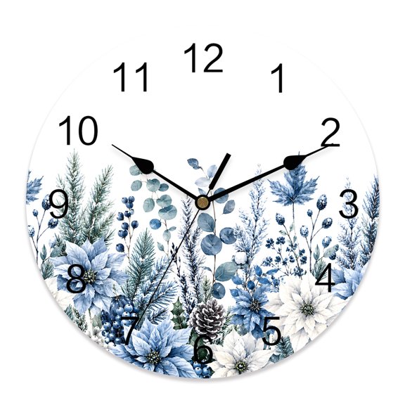 10 Inch Blue Flowers Wall Clock, Country Watercolor Pinecone Poinsettias Border Battery Operated Silent Non Ticking Clocks, Easy to Read Round Wall Clock for Kitchen/Living Room/Bedroom/Bathroom