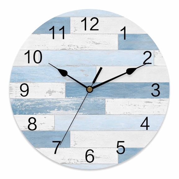 10 Inch Blue Plank Wall Clock, Coastal Blue White Distressed Wood Grain Rustic Battery Operated Silent Non Ticking Clocks, Easy to Read Round Wall Clock for Kitchen/Living Room/Bedroom/Bathroom