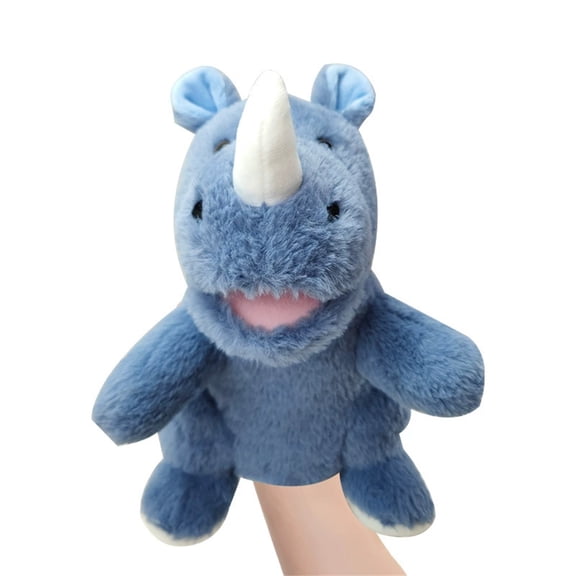 10 Inch Blue Rhino Hand Puppet Plush Toy with Movable Mouth for Safari Theme Play Educational Storytelling Props Interactive Role Play