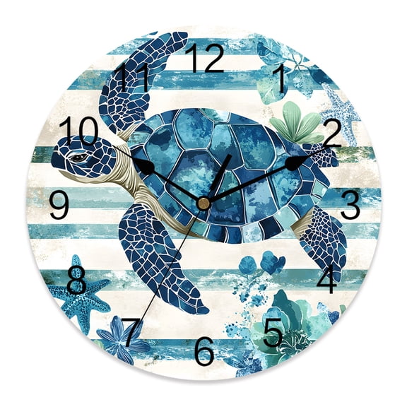 10 Inch Blue Sea Turtle Wall Clock, Blue Floral Starfish Retro Striped Battery Operated Silent Non Ticking Clocks, Easy to Read Round Wall Clock for Kitchen/Living Room/Bedroom/Bathroom