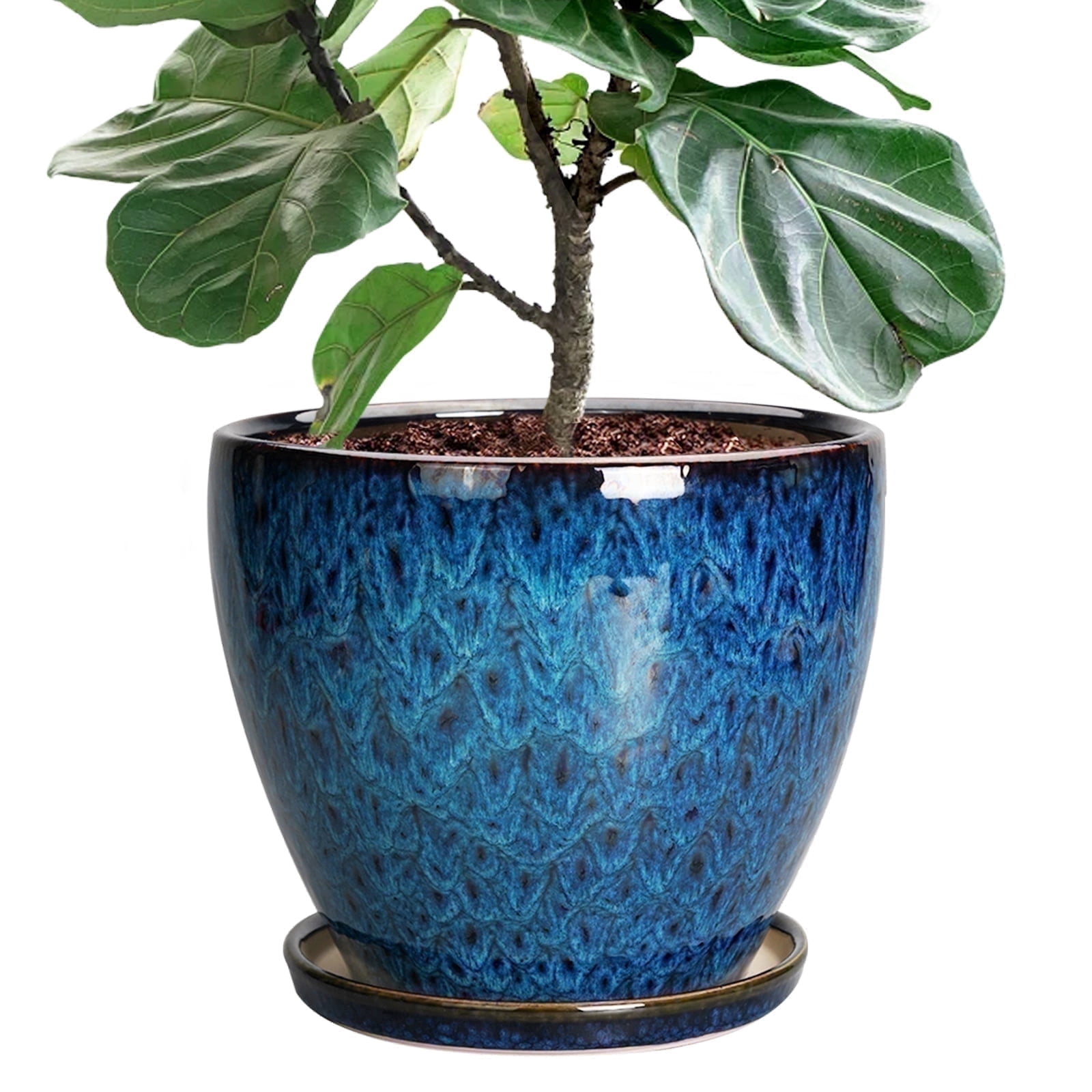 EPFamily 10 inch Large Blue Ceramic Flower Pot with Drainage & Saucer, Floor Plant Pots for Monstera, Indoor Outdoor Living Rooms, Reactive Glaze