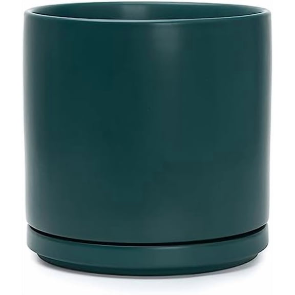 10 Inch Ceramic Planter Pot with Drainage Hole and Saucer, Indoor Cylinder Round Planter Pot, Teal, 94-O-E-9