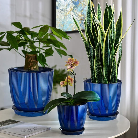 10 Inch Ceramic Planter Pot with Drainage Hole and Saucer,Large Round Plant pots for Indoor Outdoor Plants,Modern Flower pots, Navy