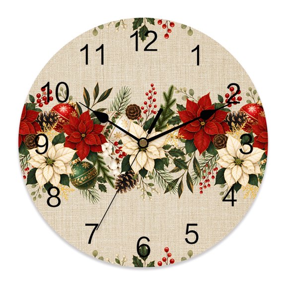10 Inch Christmas Floral Wall Clock, Winter Vintage Red White Flowers Berry Pine Cone Battery Operated Silent Non Ticking Clocks, Easy to Read Round Wall Clock for Kitchen/Living Room/Bedroom