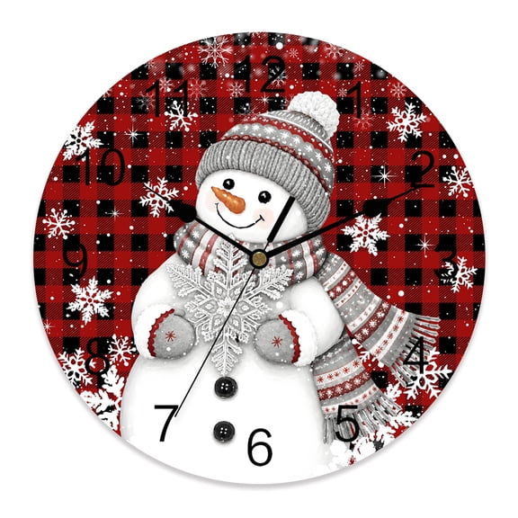 10 Inch Christmas Snowman Wall Clock, Gray Hat Scarf White Snowflakes Red Black Plaid Battery Operated Silent Non Ticking Clocks, Easy to Read Round Wall Clock for Kitchen/Living Room/Bedroom