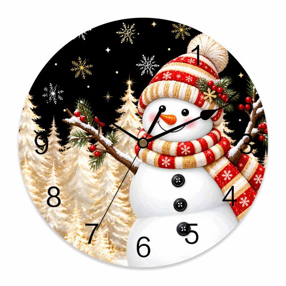 10 Inch Christmas Snowman Wall Clock, Modern Golden Pine Trees Night Black Battery Operated Silent Non Ticking Clocks, Easy to Read Round Wall Clock for Kitchen/Living Room/Bedroom/Bathroom