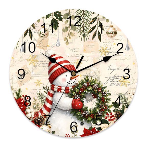 10 Inch Christmas Snowman Wall Clock, Shabby Chic Holiday Wreath Floral Cream Battery Operated Silent Non Ticking Clocks, Easy to Read Round Wall Clock for Kitchen/Living Room/Bedroom/Bathroom