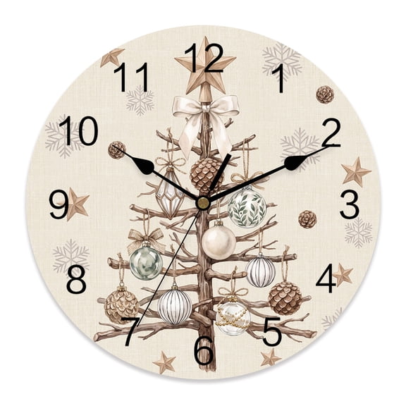 10 Inch Christmas Tree Wall Clock, Country Farmhouse Snowflake Pine Cone Stars Ball Battery Operated Silent Non Ticking Clocks, Easy to Read Round Wall Clock for Kitchen/Living Room/Bedroom/Bathroom