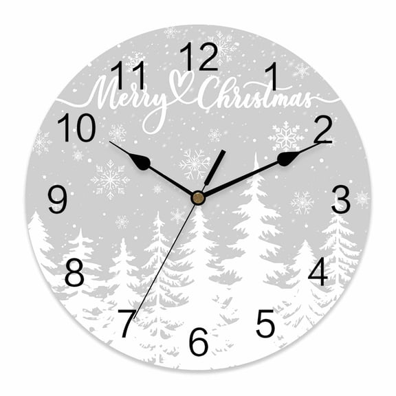 10 Inch Christmas Tree Wall Clock, White Pines Tree Silhouette Snowflake Country Gray Battery Operated Silent Non Ticking Clocks, Easy to Read Round Wall Clock for Kitchen/Living Room/Bedroom
