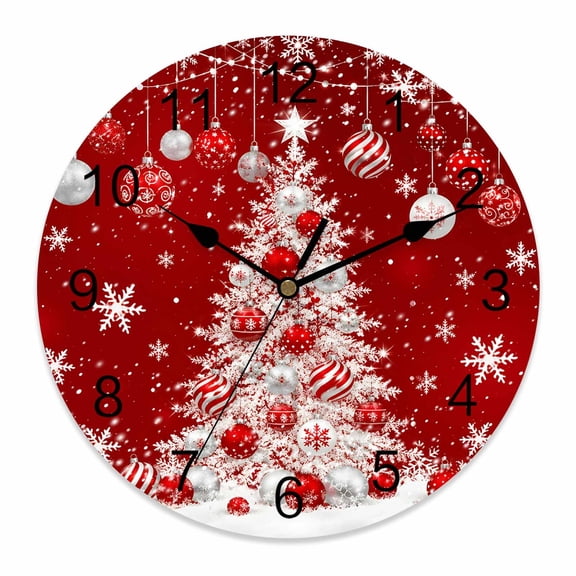 10 Inch Christmas Tree Wall Clock, Winter White Pine Tree Red Xmas Ball Snowflakes Battery Operated Silent Non Ticking Clocks, Easy to Read Round Wall Clock for Kitchen/Living Room/Bedroom/Bathroom