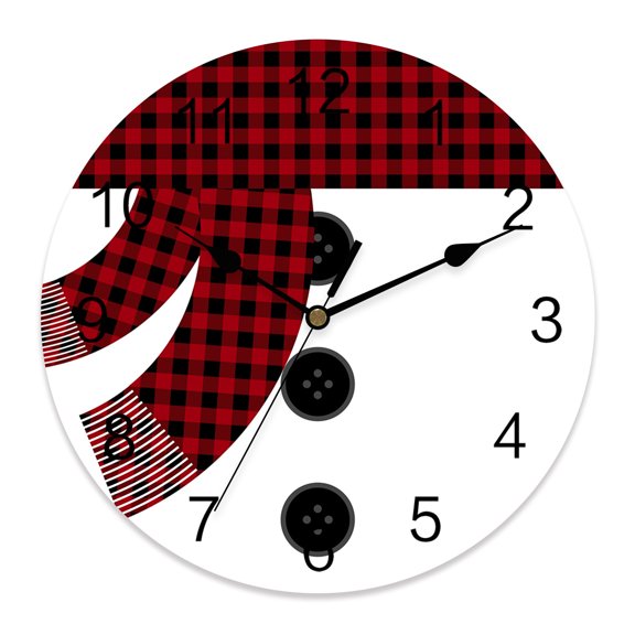 10 Inch Christmas Wall Clock, Snowman Body Buffalo Plaid Scarf Black Coal Buttons Battery Operated Silent Non Ticking Clocks, Easy to Read Round Wall Clock for Kitchen/Living Room/Bedroom/Bathroom