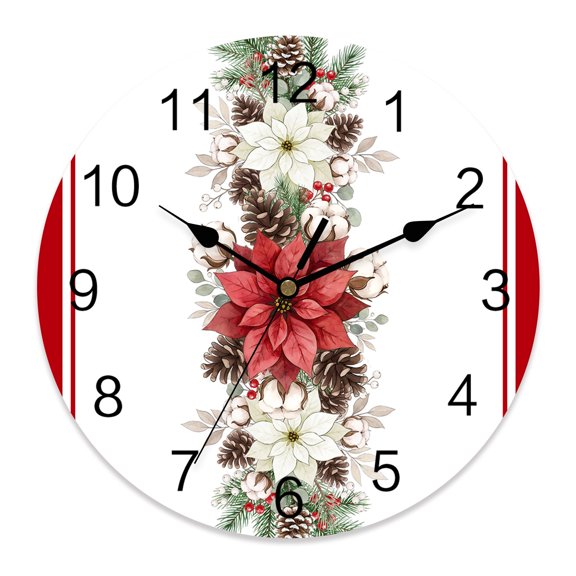10 Inch Christmas Wall Clock, White Red Poinsettia Pinecones Red Stripes Rustic Battery Operated Silent Non Ticking Clocks, Easy to Read Round Wall Clock for Kitchen/Living Room/Bedroom/Bathroom