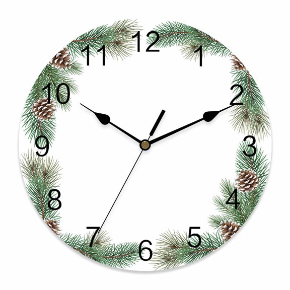 10 Inch Christmas Wall Clock, Winter Evergreen Needle Pine Branch Pine Cone Rustic Battery Operated Silent Non Ticking Clocks, Easy to Read Round Wall Clock for Kitchen/Living Room/Bedroom/Bathroom