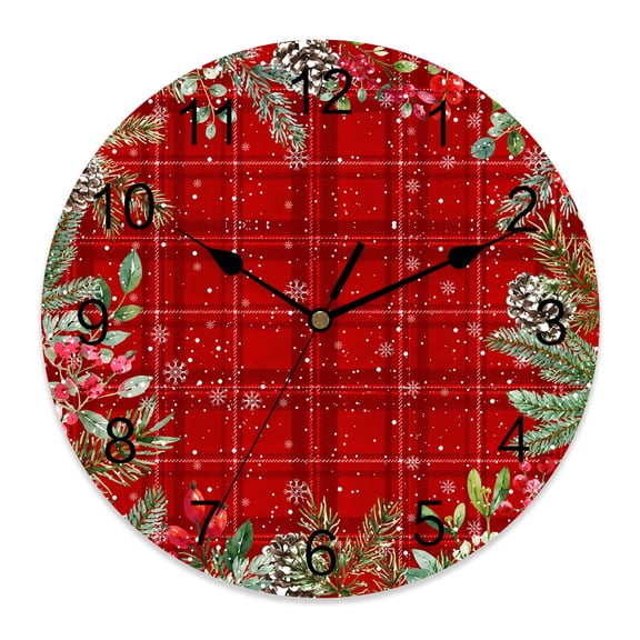 10 Inch Christmas Wall Clock, Winter Farmhouse Berry Pine Cone Leaf Snow Red Plaid Battery Operated Silent Non Ticking Clocks, Easy to Read Round Wall Clock for Kitchen/Living Room/Bedroom/Bathroom