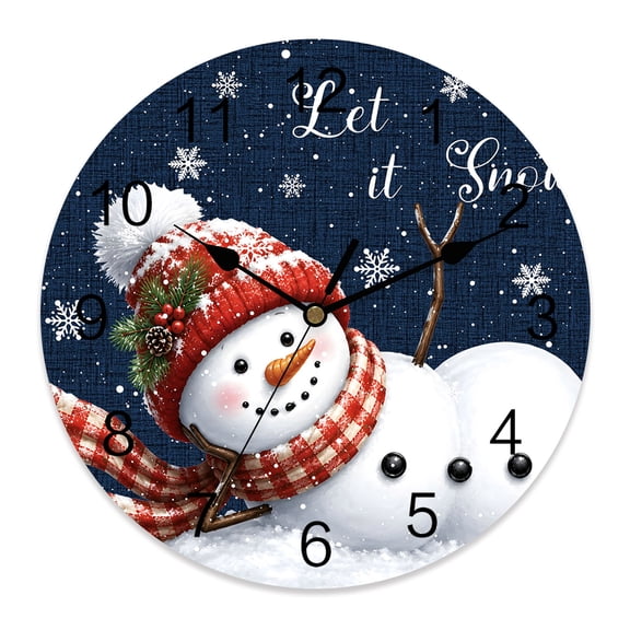 10 Inch Christmas Wall Clock, Winter Red Hat Snowman Twig Branch Arm Snowflake Navy Blue Battery Operated Silent Non Ticking Clocks, Easy to Read Round Wall Clock for Kitchen/Living Room/Bedroom