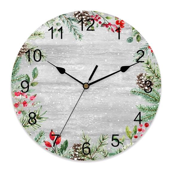 10 Inch Christmas Wall Clock, Winter Vintage Country Berry Pine Cone Leaf Snowflake Battery Operated Silent Non Ticking Clocks, Easy to Read Round Wall Clock for Kitchen/Living Room/Bedroom/Bathroom
