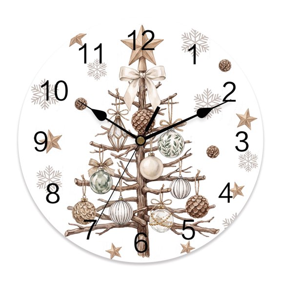 10 Inch Christmas Winter Wall Clock, Rustic Beige Christmas Tree Pine Cones Snowflake Battery Operated Silent Non Ticking Clocks, Easy to Read Round Wall Clock for Kitchen/Living Room/Bedroom