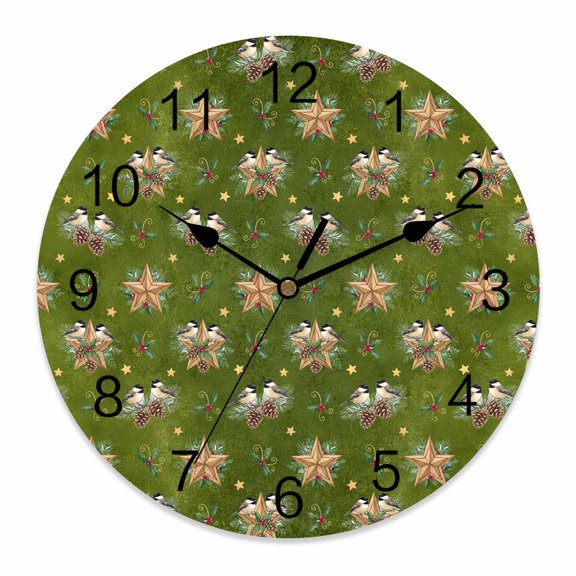 10 Inch Christmas Winter Wall Clock, Rustic Bird Star Poinsettia Pinecone Berry Green Battery Operated Silent Non Ticking Clocks, Easy to Read Round Wall Clock for Kitchen/Living Room/Bedroom