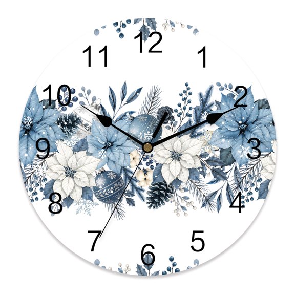 10 Inch Christmas Winter Wall Clock, Rustic Blue White Poinsettia Floral Pine Cone Battery Operated Silent Non Ticking Clocks, Easy to Read Round Wall Clock for Kitchen/Living Room/Bedroom/Bathroom
