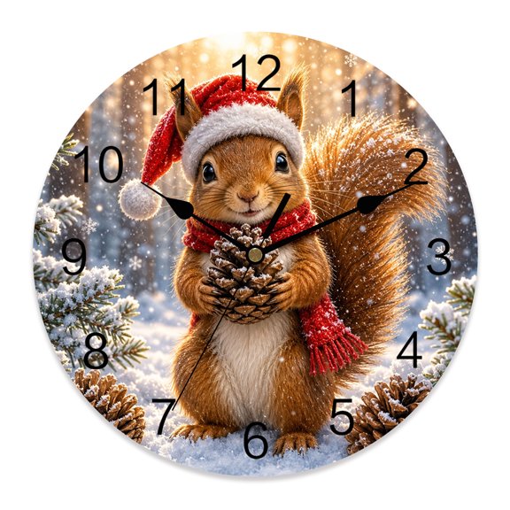 10 Inch Christmas Winter Wall Clock, Rustic Red Santa Hat Squirrel Pinecone Wildlife Battery Operated Silent Non Ticking Clocks, Easy to Read Round Wall Clock for Kitchen/Living Room/Bedroom/Bathroom