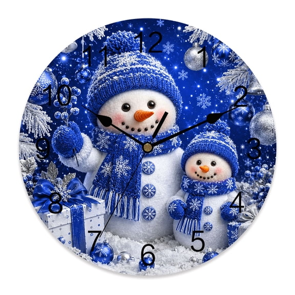 10 Inch Christmas Winter Wall Clock, Rustic Royal Blue Snowman Gifted Ornaments Battery Operated Silent Non Ticking Clocks, Easy to Read Round Wall Clock for Kitchen/Living Room/Bedroom/Bathroom
