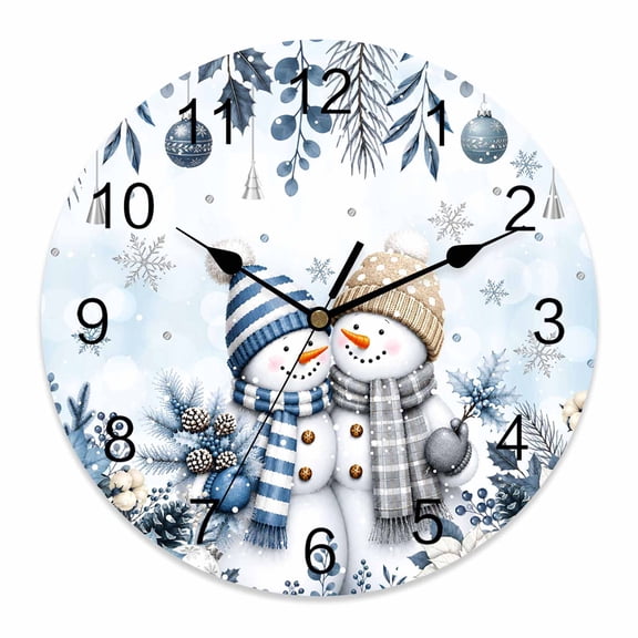 10 Inch Christmas Winter Wall Clock, Rustic Snowman Blue White Poinsettia Holly Leaf Battery Operated Silent Non Ticking Clocks, Easy to Read Round Wall Clock for Kitchen/Living Room/Bedroom/Bathroom