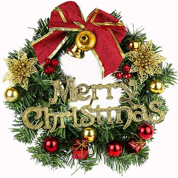 10 Inch Christmas Wreath with Bow ,Bell and Decorations, Wreaths with Merry Christmas Sign for Front Door Porch Wall Window Outside Ornament, Christmas Garland for Indoor Outdoor