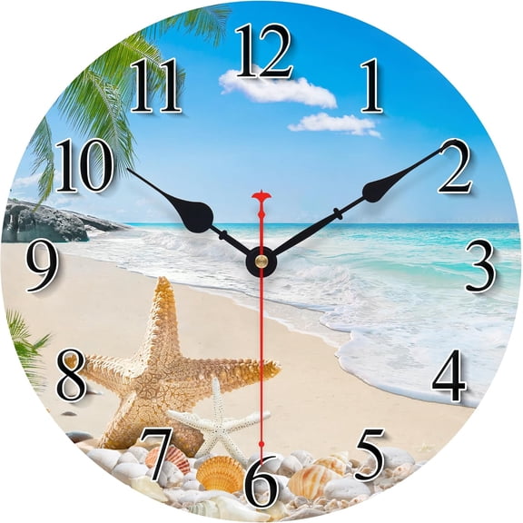 10 Inch Coastal Ocean Wall Clock with Seashell Design and Palm Tree Beach Theme - Battery Operated Silent Wall Decor for Home, Kitchen, Living Room, Office, Bedroom
