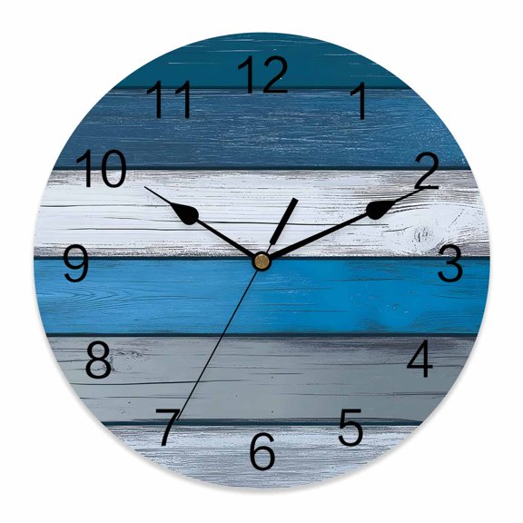 10 Inch Coastal Style Wall Clock, Retro Blue Grey Stripes Wood Texture Battery Operated Silent Non Ticking Clocks, Easy to Read Round Wall Clock for Kitchen/Living Room/Bedroom/Bathroom