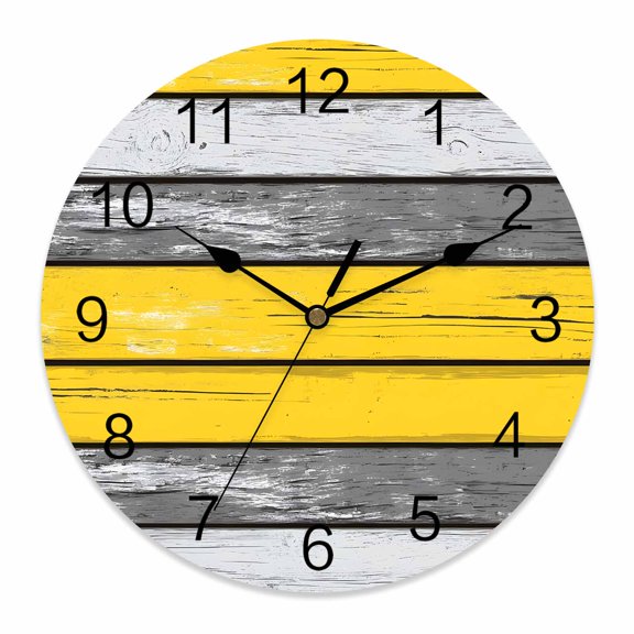 10 Inch Coastal Style Wall Clock, Retro Gray Yellow Stripes Wood Grain Battery Operated Silent Non Ticking Clocks, Easy to Read Round Wall Clock for Kitchen/Living Room/Bedroom/Bathroom