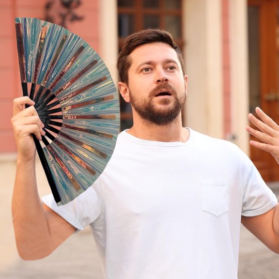 10 Inch Colorful Stripe Kung Fu Fan - Boots On The Ground Hand Fan, Clacking Fans for Line Dancing, Popping Fans Large Holographic Folding Fan Iridescent Clack Hand Fan,Foldable Craft Holding Laser