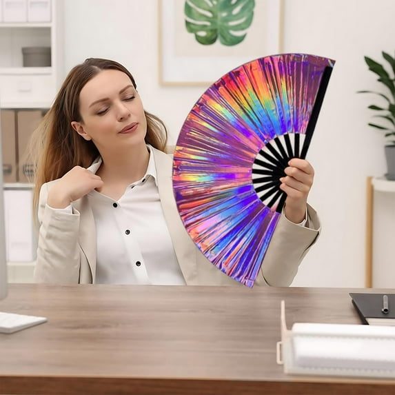 10 Inch Colorful Stripe Kung Fu Fan - Boots On The Ground Hand Fan, Clacking Fans for Line Dancing, Popping Fans Large Holographic Folding Fan Iridescent Clack Hand Fan,Foldable Craft Holding Laser