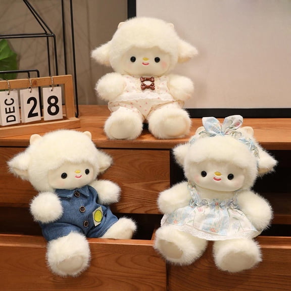 10 Inch Colorful / Vibrant Design Lamb Stuffed Animal, Soft Plush Toy with Denim Overalls, Adorable Fluffy Companion for Cuddling, Decorating, Gifting, Suitable for Family, Home and All Occasions