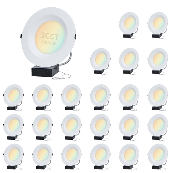 10 Inch Commercial Canless LED Downlight,22/29/37.5W,3CCT 3500K-5000K Round Recessed Lighting 10 inch Dimmable,120-277V,Wet Location For Corridor Library Offices, IC Rated UL & Energy Star