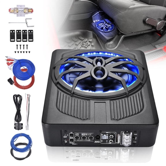 10 Inch Compact Amplified Subwoofer Enclosure, Under Seat Car Subwoofer with Amp and LED, Active Powered Underseat Subs, 800W, External Bass Control, Perfect for Small Vehicles